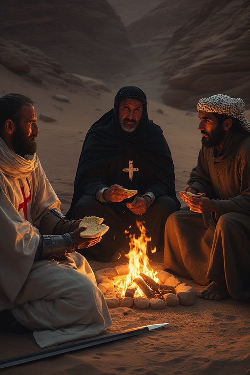 Medieval illustration of a knight sharing food with a traveler, symbolizing a truce or covenant, emphasizing the moral choice.
